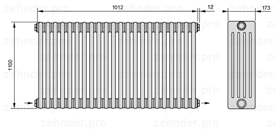 Схема (чертеж) Радиатор Zehnder Charleston 5110/22 №2670 Белый глянцевый RAL 9016